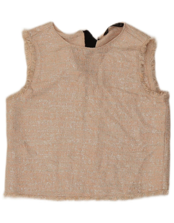 Blusa feminina sem mangas Zara Top UK 10 pequeno bege acrílico