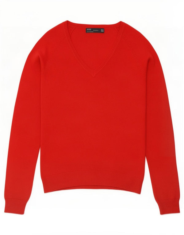Suéter feminino Zara com decote em V Reino Unido 12 algodão vermelho médio