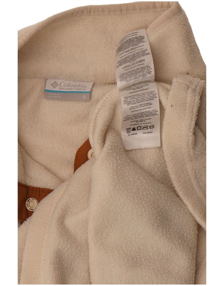 Suéter feminino Columbia de lã com gola redonda e botão UK 10 pequeno poliéster branco