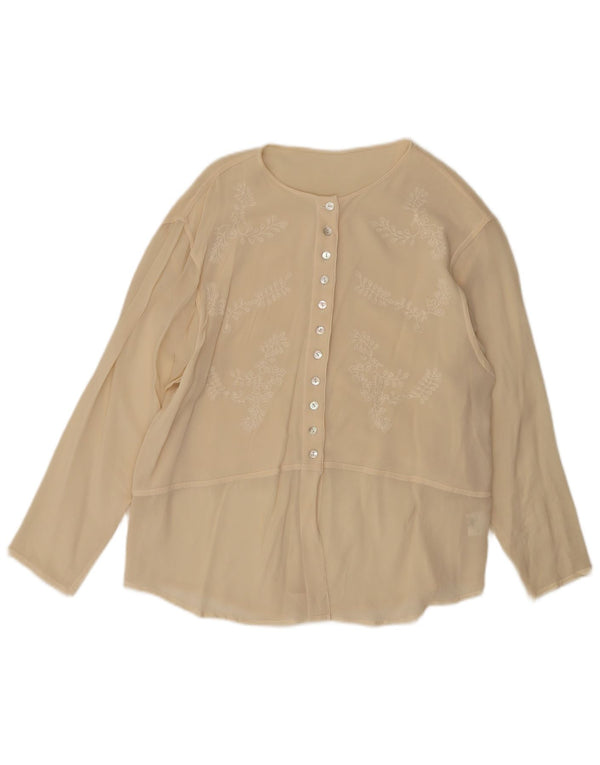 Blusa feminina vintage UK 14 grande seda floral bege