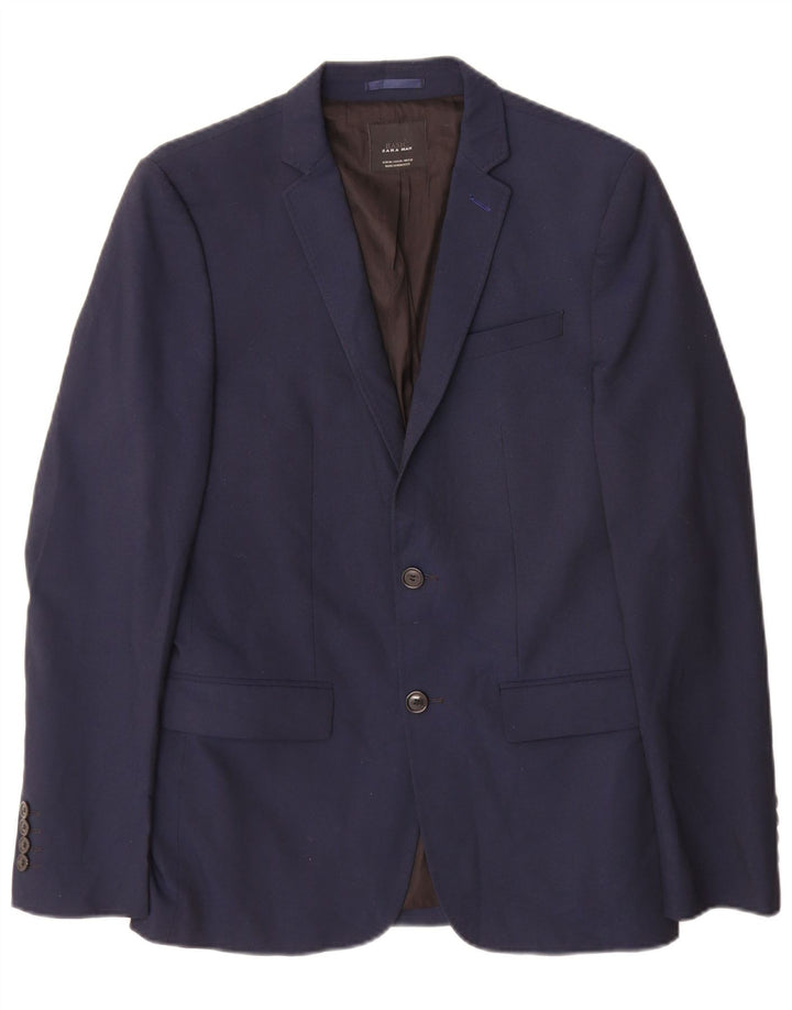 Jaqueta blazer masculina Zara com 2 botões EU 48 poliéster azul marinho médio