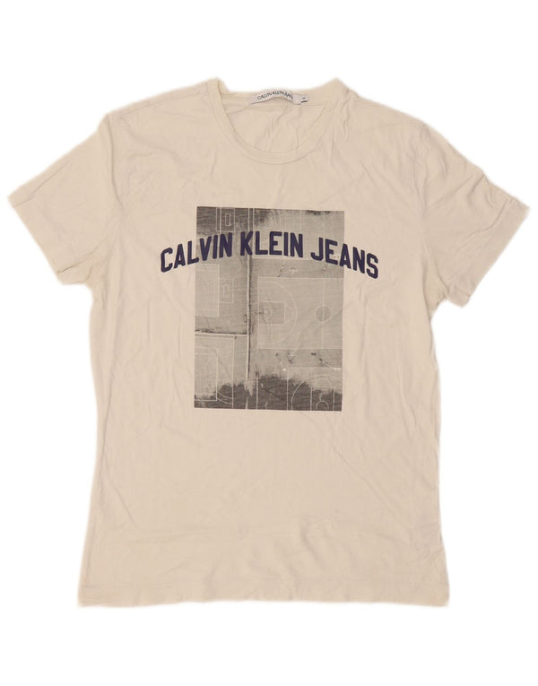 Calvin Klein Jeans Camiseta masculina gráfica Top médio algodão branco