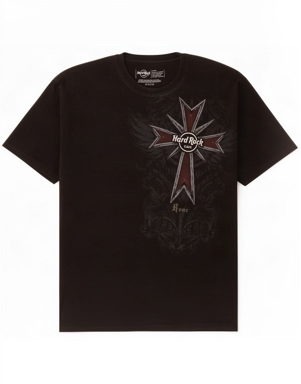 Camiseta masculina Hard Rock Cafe Roma com estampa gráfica grande de algodão preto