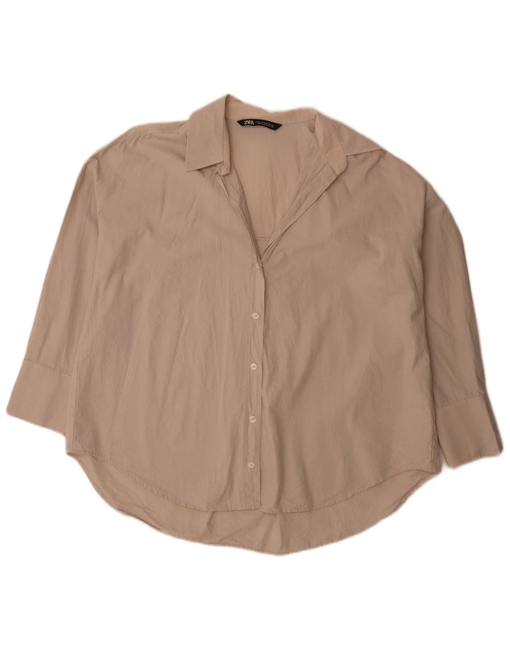 Camisa feminina Zara manga 3/4 oversized Reino Unido 14 algodão bege médio