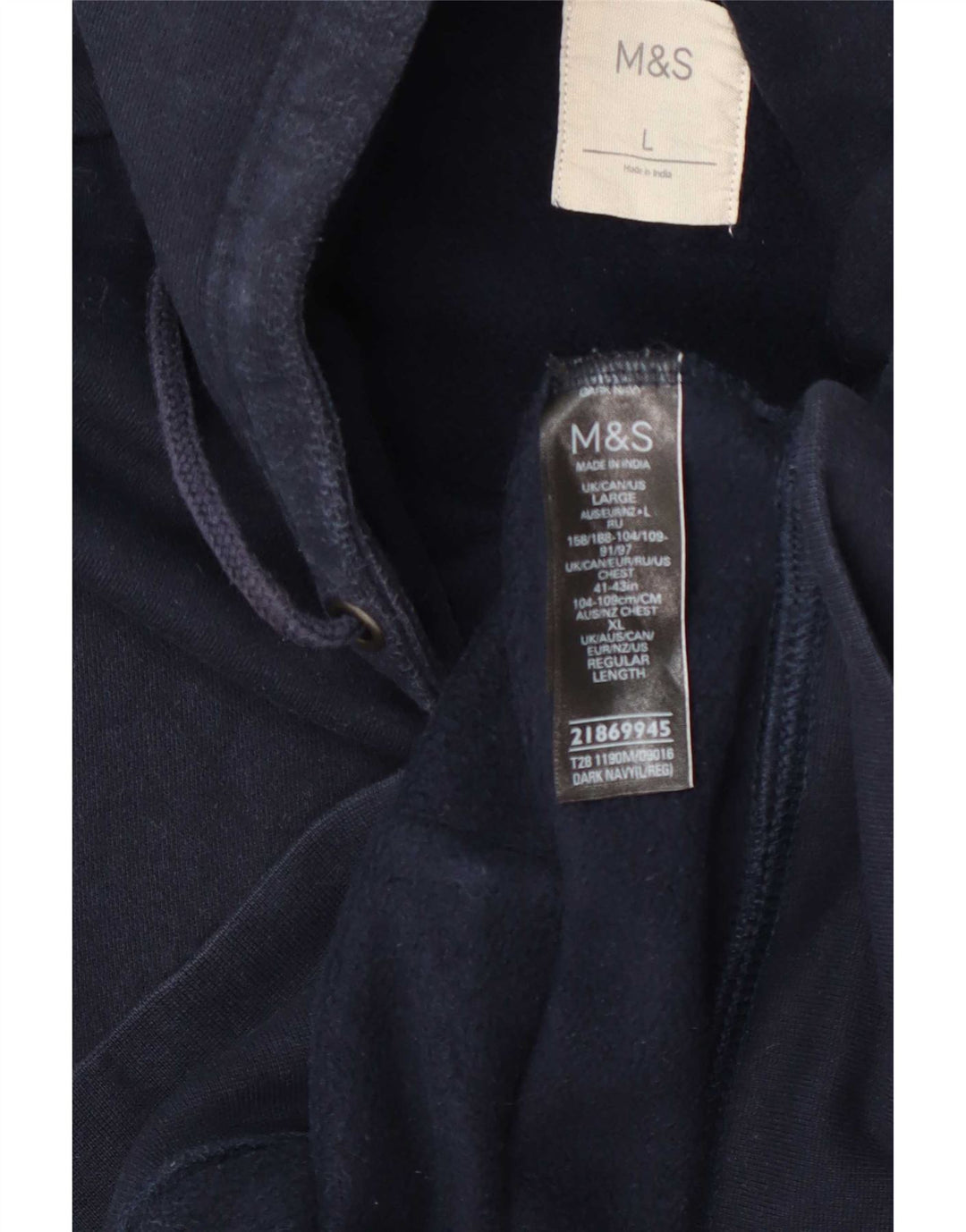 Suéter masculino Marks & Spencer com capuz e zíper grande algodão azul marinho