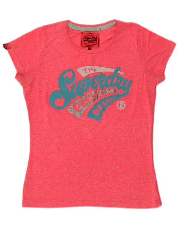 Camiseta feminina Superdry com estampa gráfica UK 14 algodão manchado rosa médio