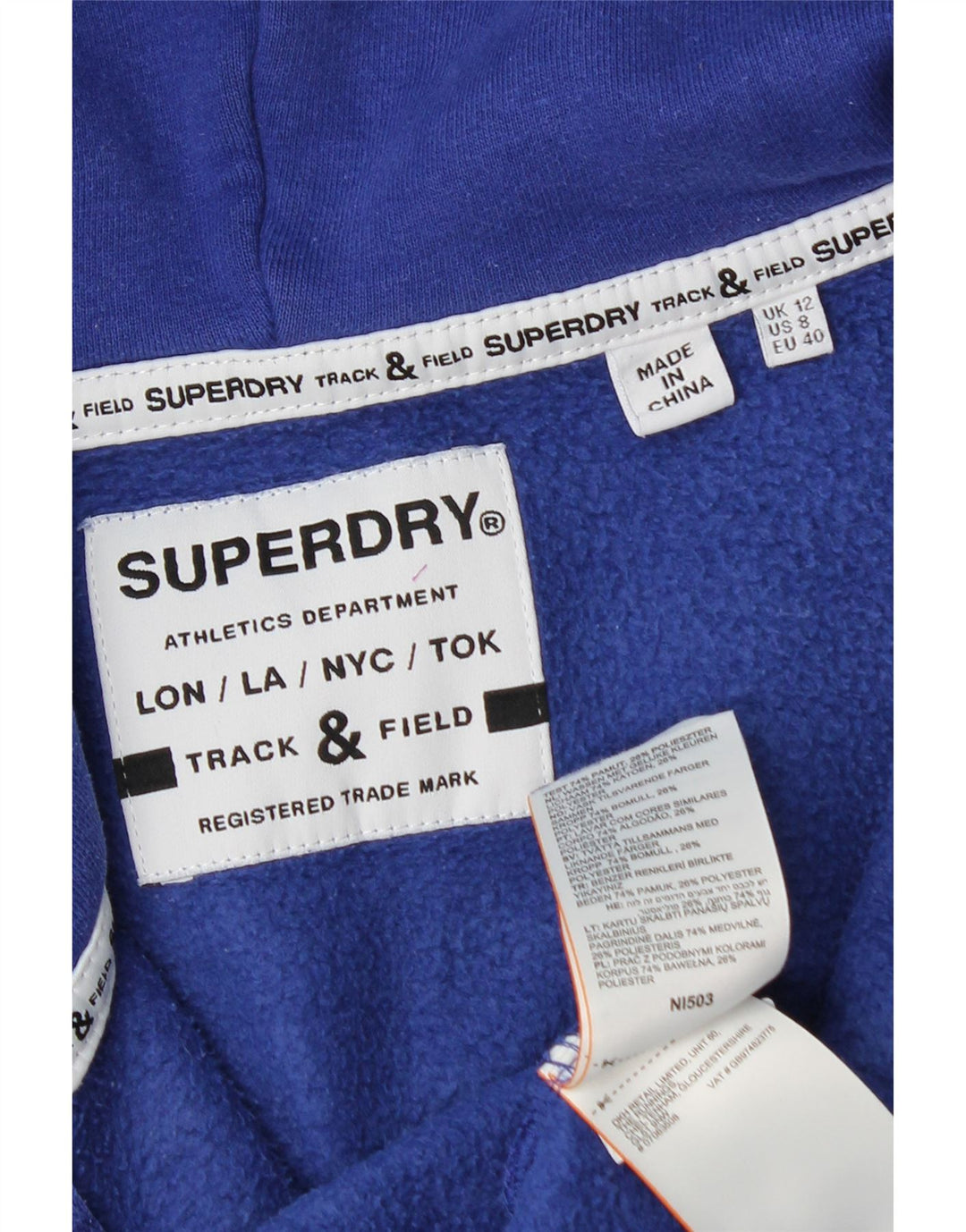 Suéter feminino Superdry com capuz e zíper gráfico UK 12 algodão azul médio