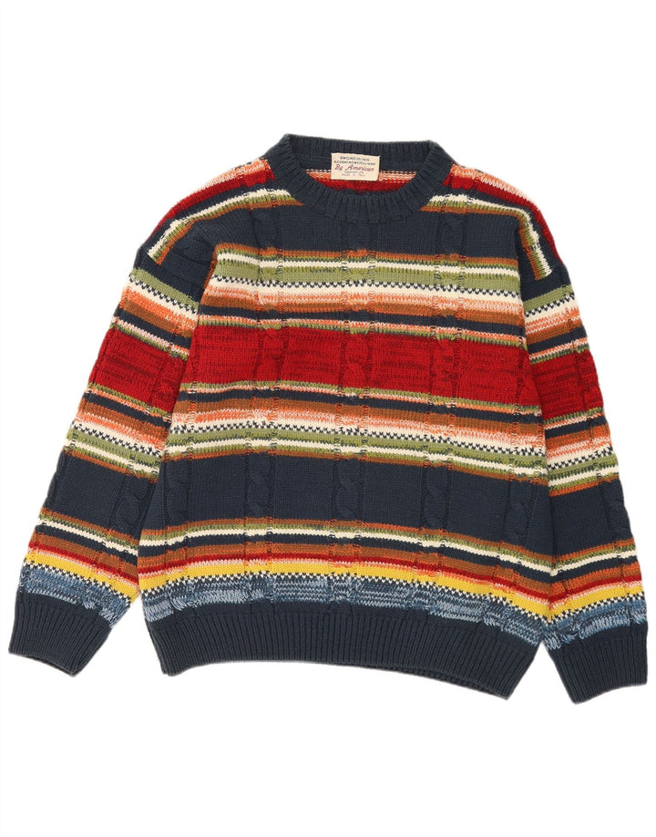 Suéter vintage masculino com gola redonda listrado médio multicolorido