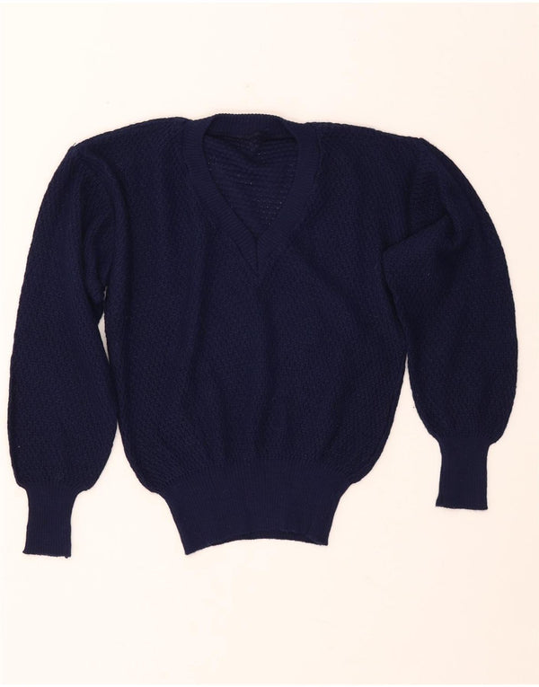 Suéter feminino VINTAGE com decote em V IT 46 grande azul marinho acrílico