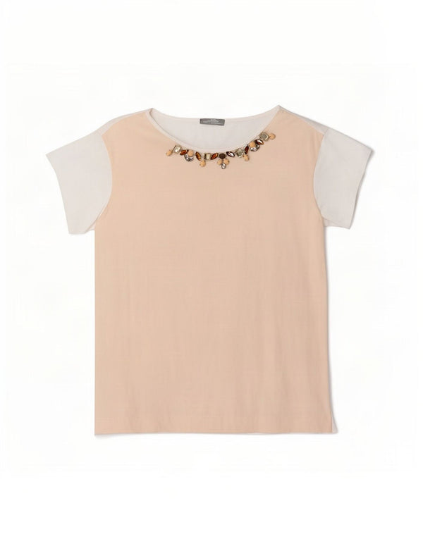 Camiseta feminina Zara UK 14 médio branco colorblock viscose