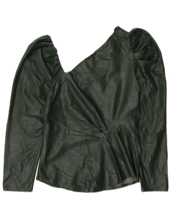 Zara Top feminino de couro sintético com um ombro Reino Unido 12 poliuretano verde médio