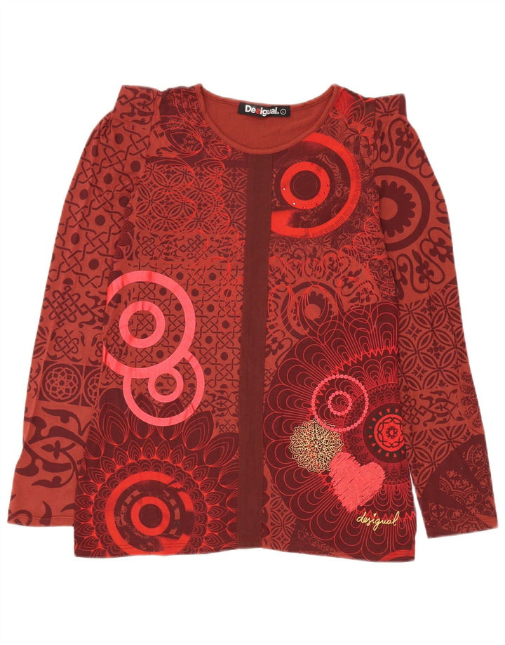 Blusa feminina Desigual com padrão abstrato Reino Unido 14 grande viscose vermelha