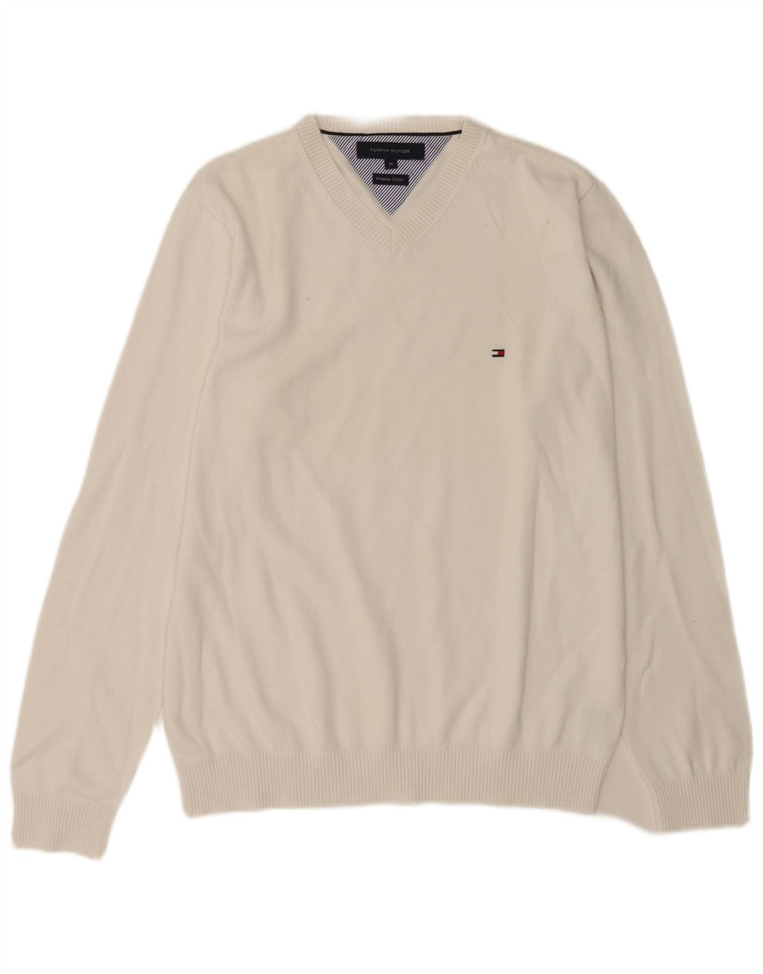 Suéter masculino Tommy Hilfiger com decote em V médio algodão branco