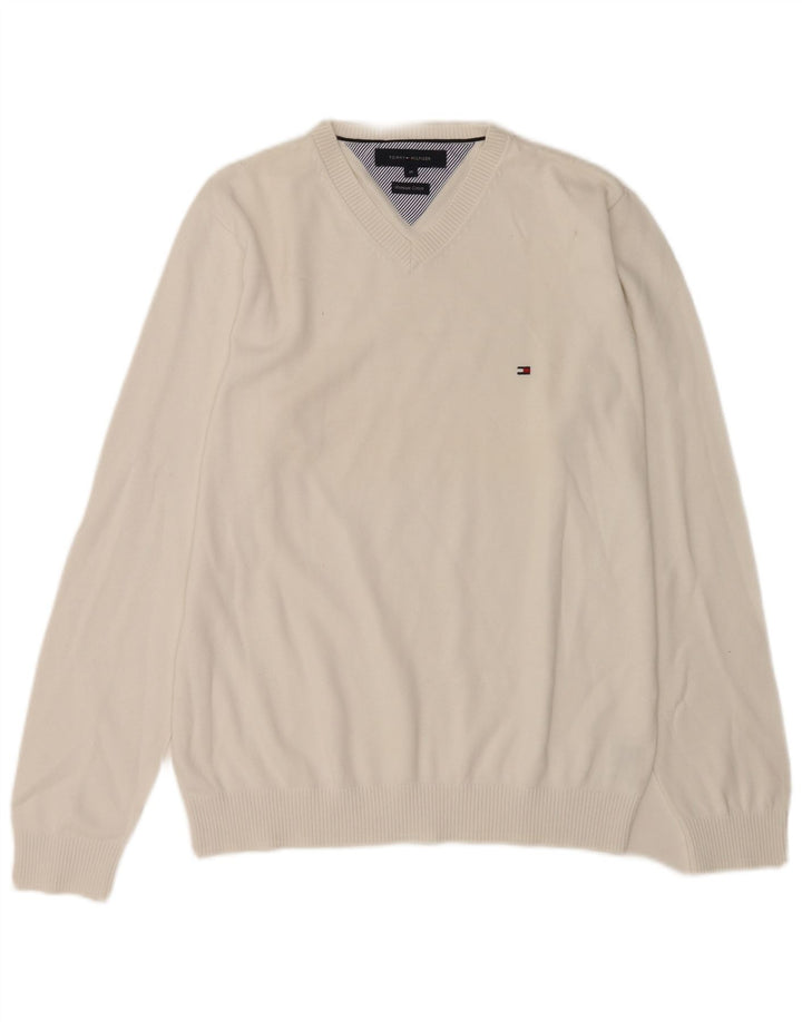 Suéter masculino Tommy Hilfiger com decote em V médio algodão branco