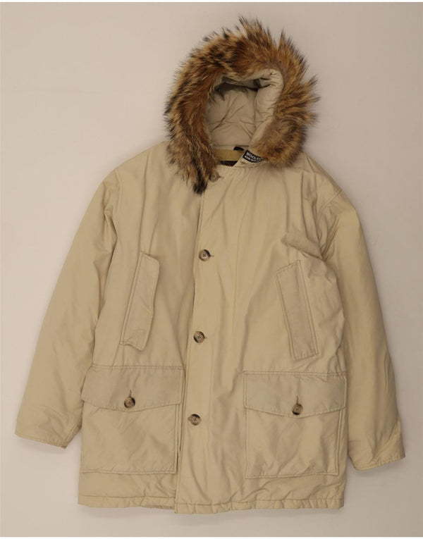 Jaqueta masculina acolchoada com capuz Woolrich UK 42 XL algodão bege