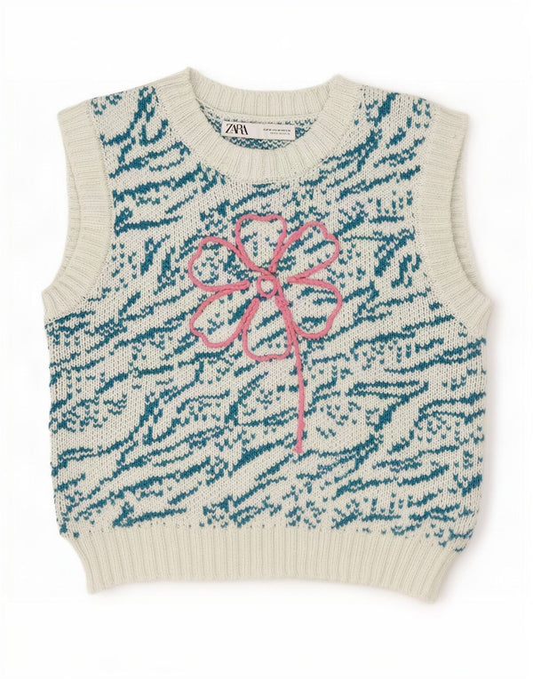 Regata feminina Zara com colete gráfico cropped Reino Unido 12 algodão floral azul médio