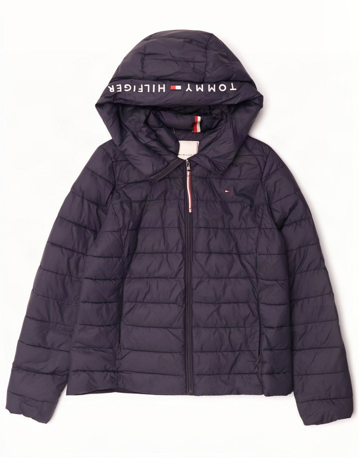 Jaqueta feminina acolchoada com capuz gráfico Tommy Hilfiger Reino Unido 14 médio azul marinho