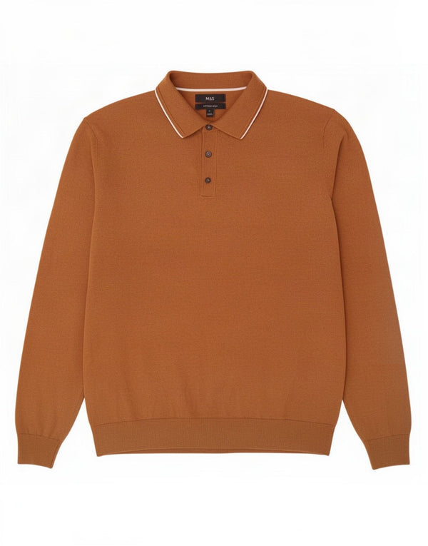 Marks & Spencer Mens Polo Neck Jumper Sweater Large Brown Cotton