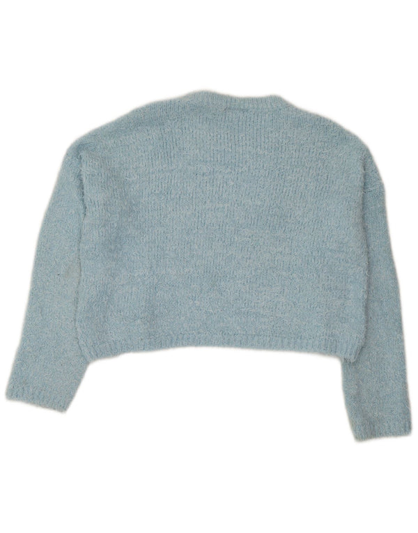 Topshop Suéter feminino cropped com gola redonda Reino Unido 12 poliéster azul médio