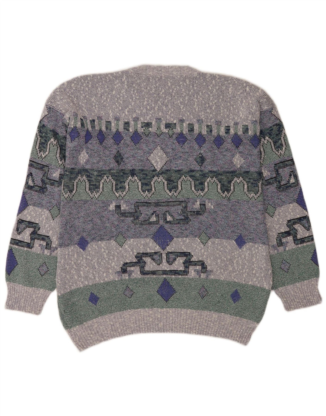 Suéter vintage masculino com gola redonda grande azul geométrico