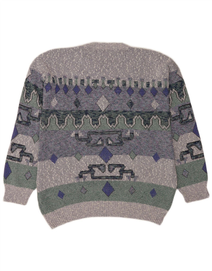 Suéter vintage masculino com gola redonda grande azul geométrico