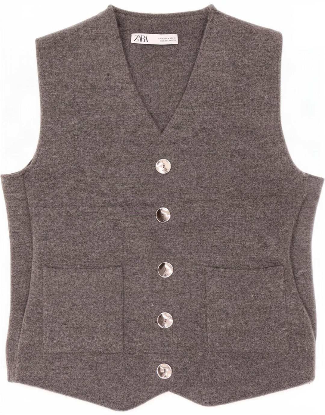 Zara Colete feminino de malha UK 12 poliéster cinza médio