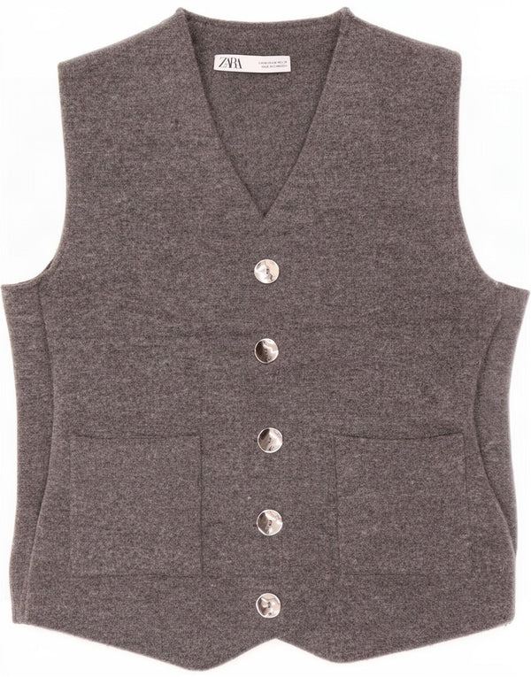 Zara Colete feminino de malha UK 12 poliéster cinza médio