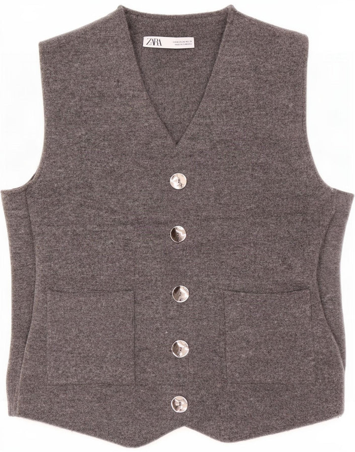 Zara Colete feminino de malha UK 12 poliéster cinza médio