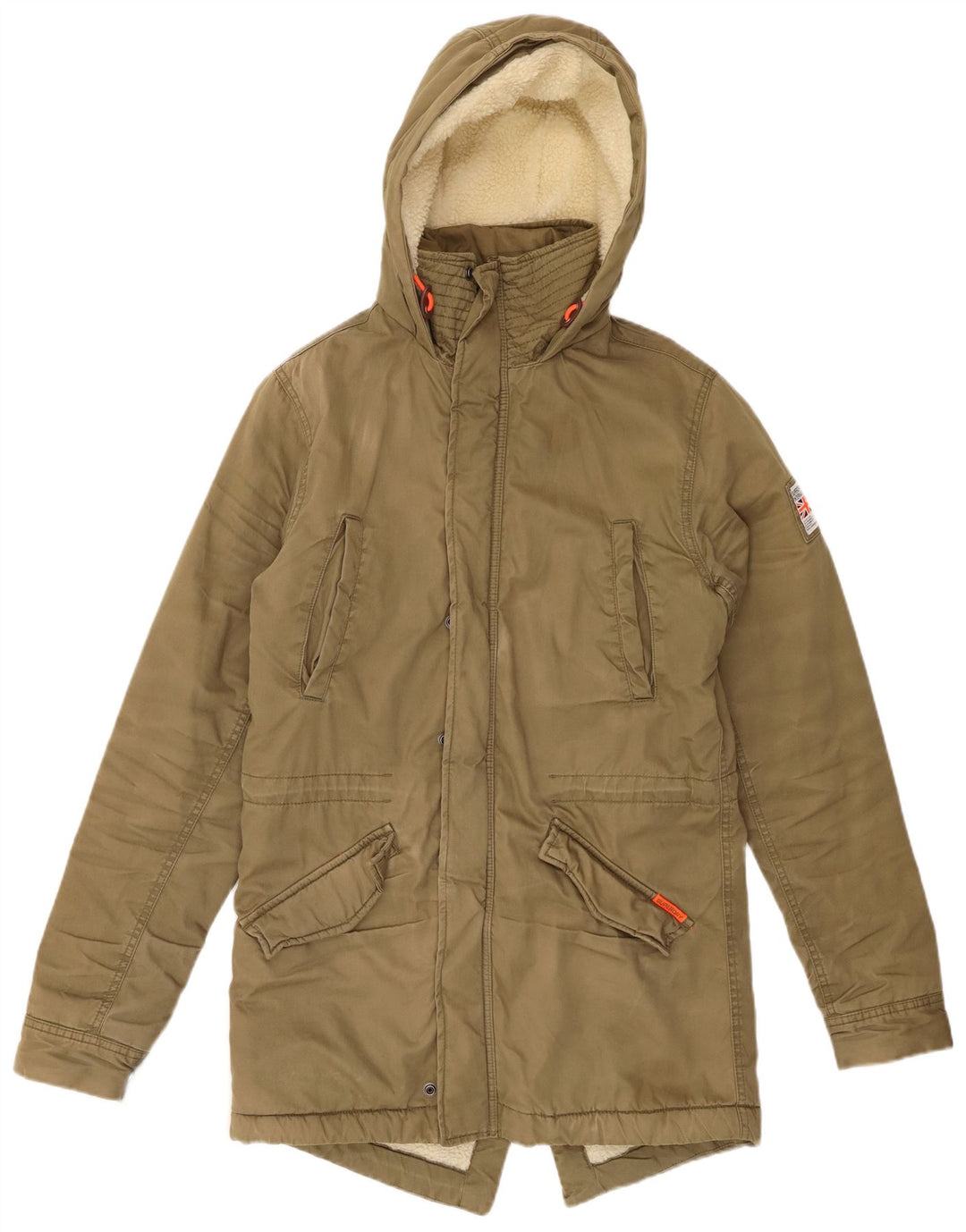 Jaqueta masculina SUPERDRY The Rookie com capuz Sherpa Parka Reino Unido 36 pequena cáqui