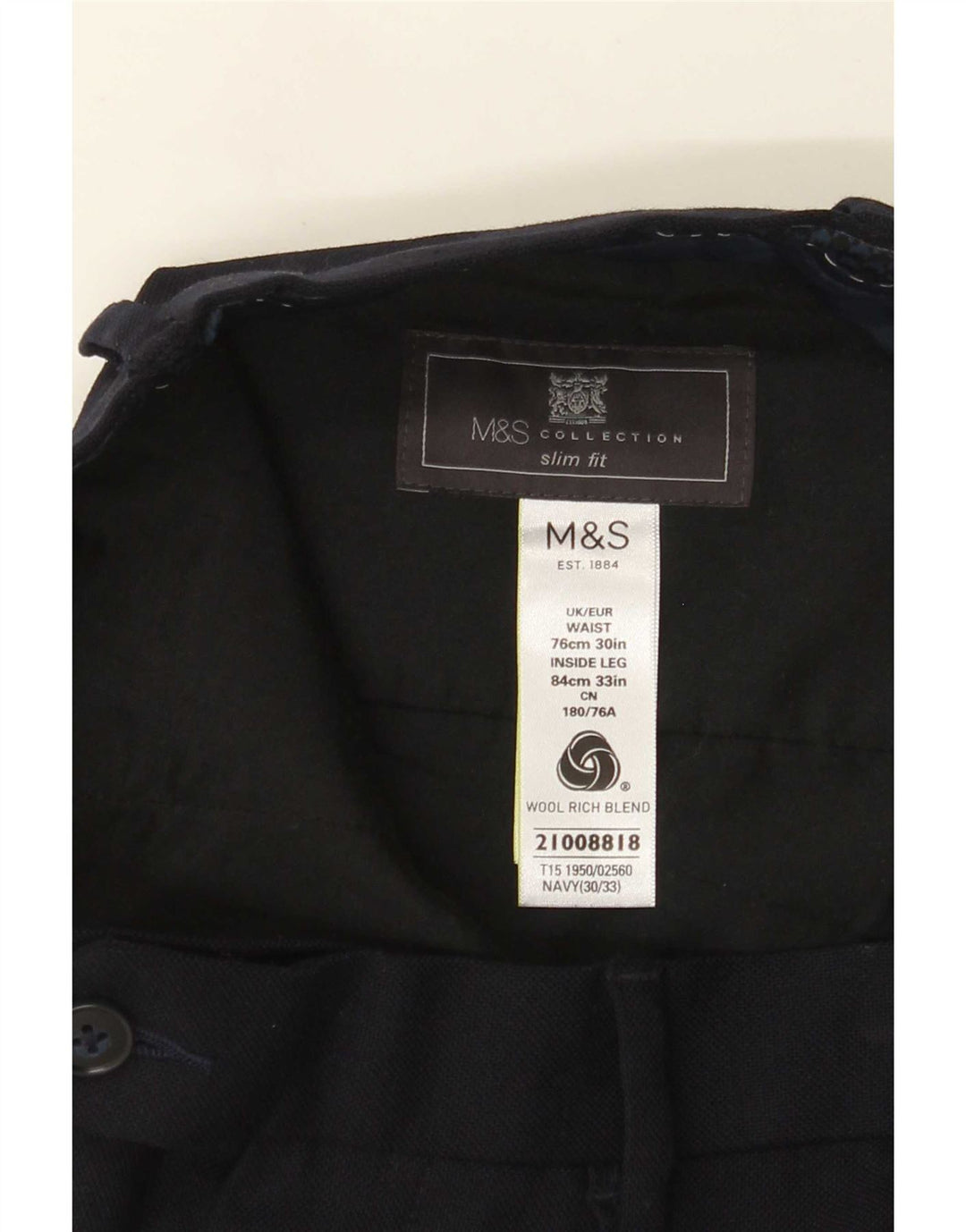 Calça masculina Marks & Spencer Slim Suit W30 L33 Lã Azul Marinho