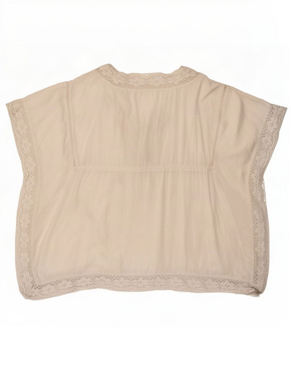 Blusa de praia feminina Benetton UK 14 algodão floral branco médio