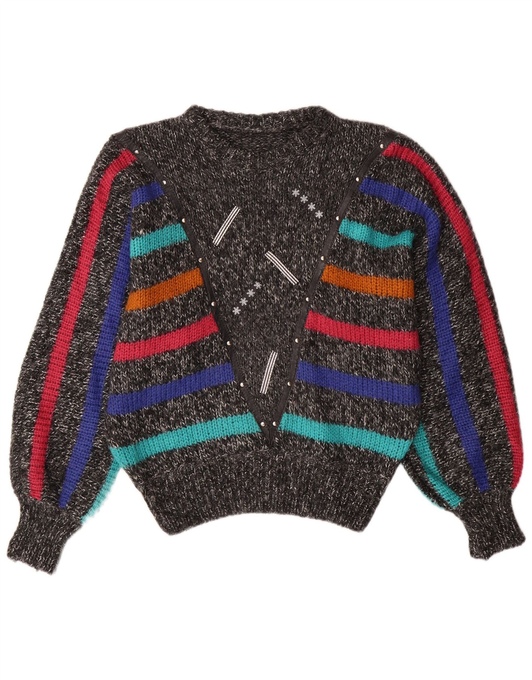 Suéter feminino VINTAGE Batwing com gola redonda Reino Unido 14 listrado cinza médio