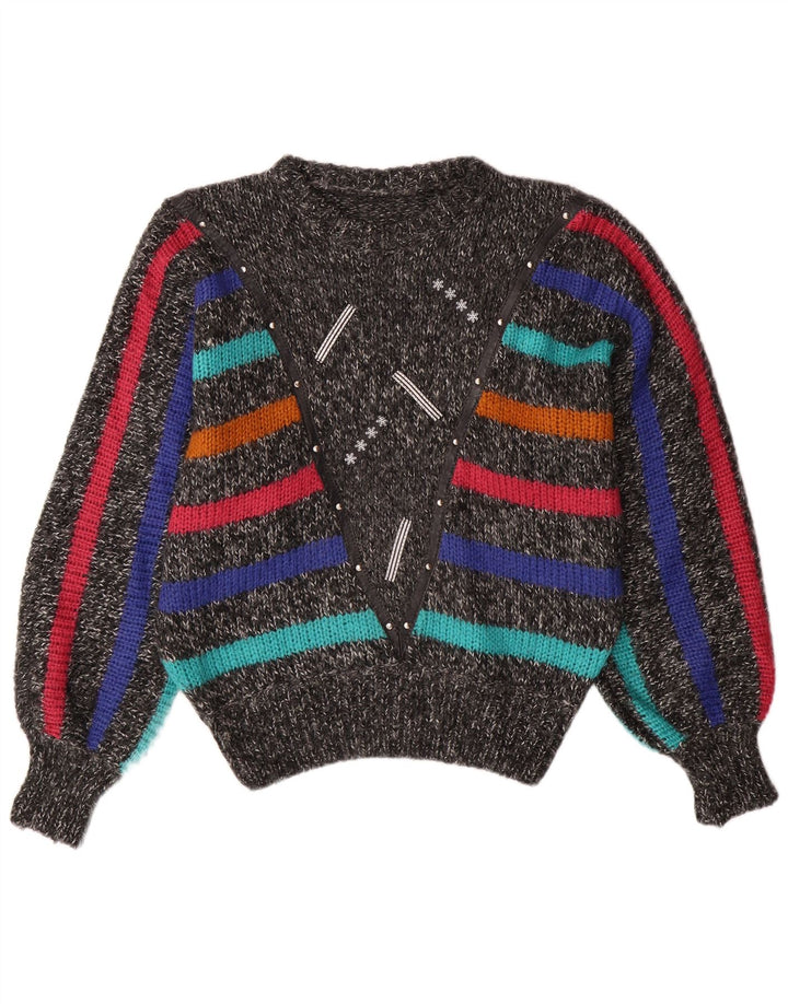 Suéter feminino VINTAGE Batwing com gola redonda Reino Unido 14 listrado cinza médio