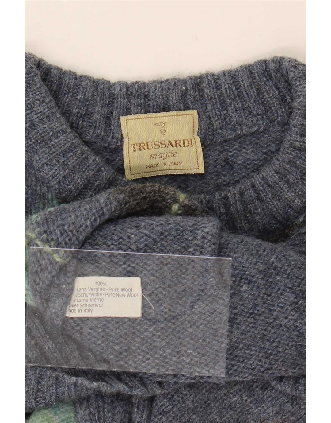 Trussardi Suéter masculino com gola redonda, suéter médio azul argyle/lã diamante