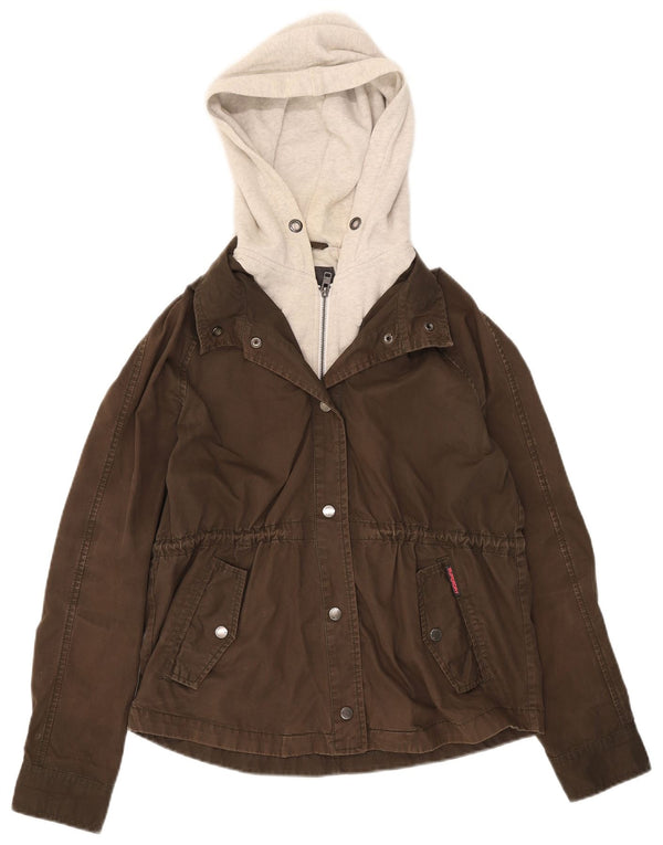 Jaqueta Bomber Feminina Superdry com Capuz UK 14 Algodão Colourblock Médio Cáqui
