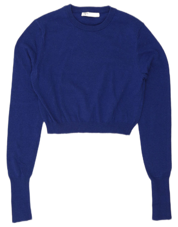 Suéter feminino Zara com gola redonda e gola redonda, Reino Unido 12, azul médio