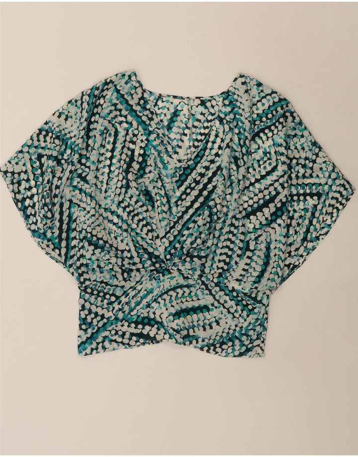 Blusa feminina vintage Batwing Top UK 14 azul médio geométrico