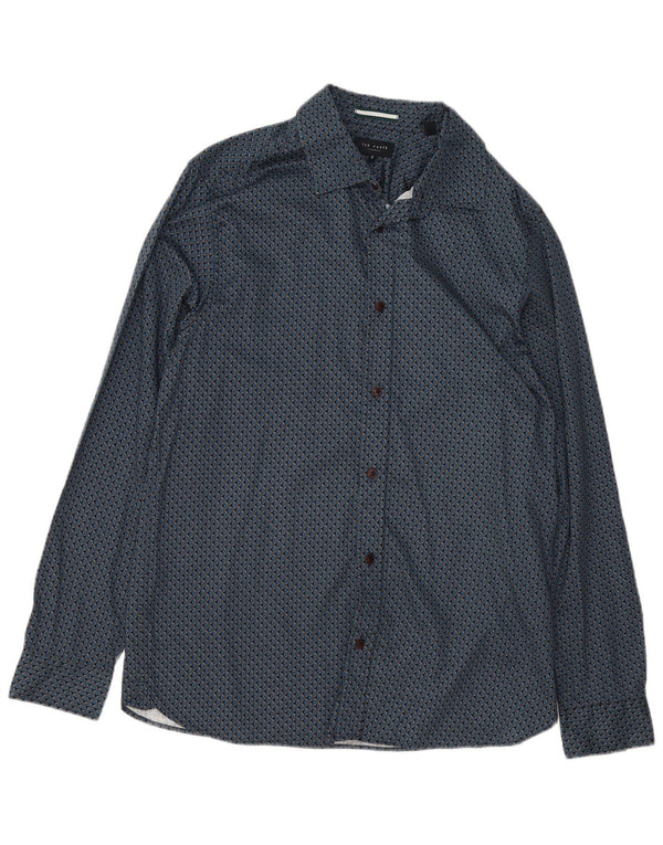 Camisa masculina Ted Baker com padrão abstrato tamanho 5 XL algodão azul