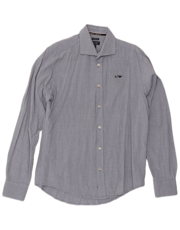 Camisa masculina Armani Jeans Custom Fit de algodão listrado azul médio