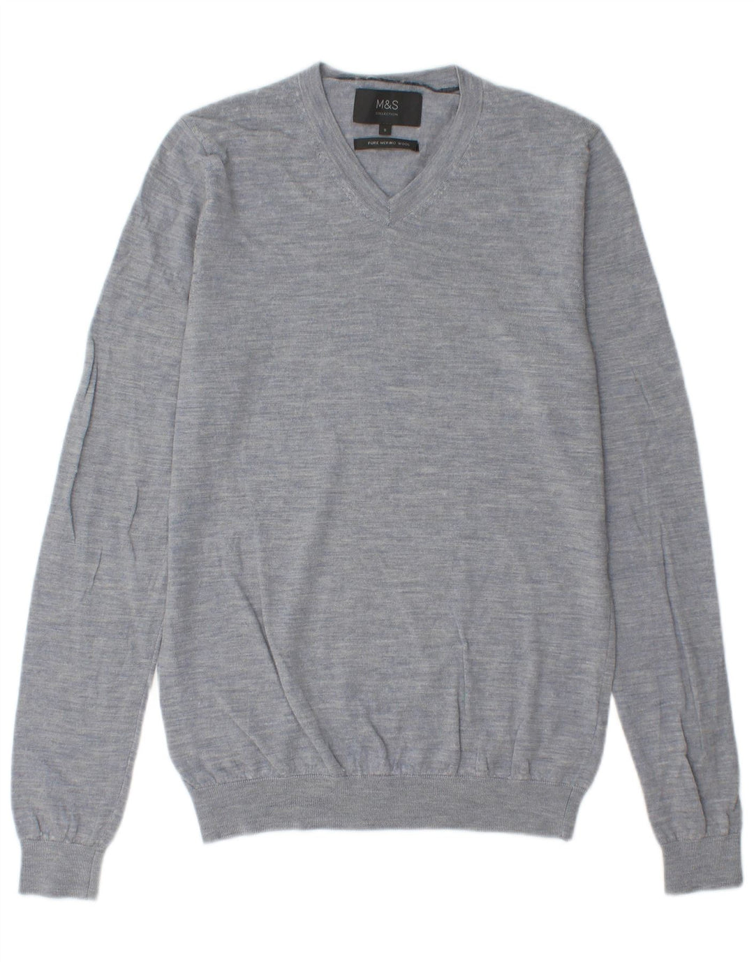 Suéter masculino Marks & Spencer com decote em V, lã merino manchada azul pequena