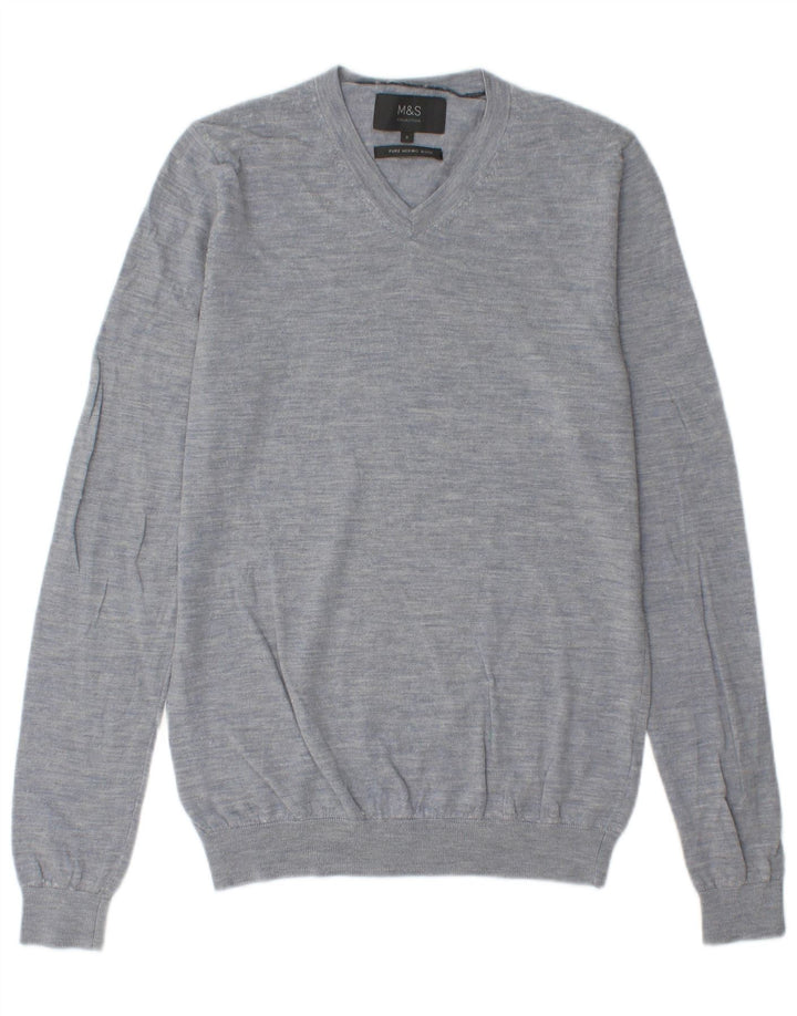 Suéter masculino Marks & Spencer com decote em V, lã merino manchada azul pequena