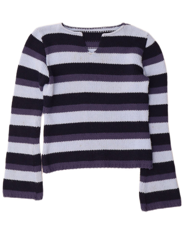 Suéter feminino vintage com decote em V UK 12 médio listrado multicolorido