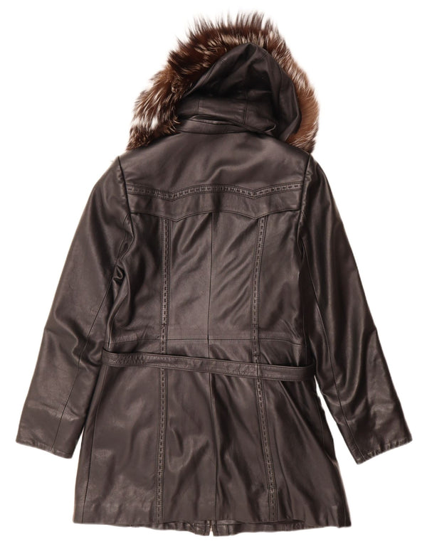 Casaco de couro com capuz feminino vintage UK 14 médio preto