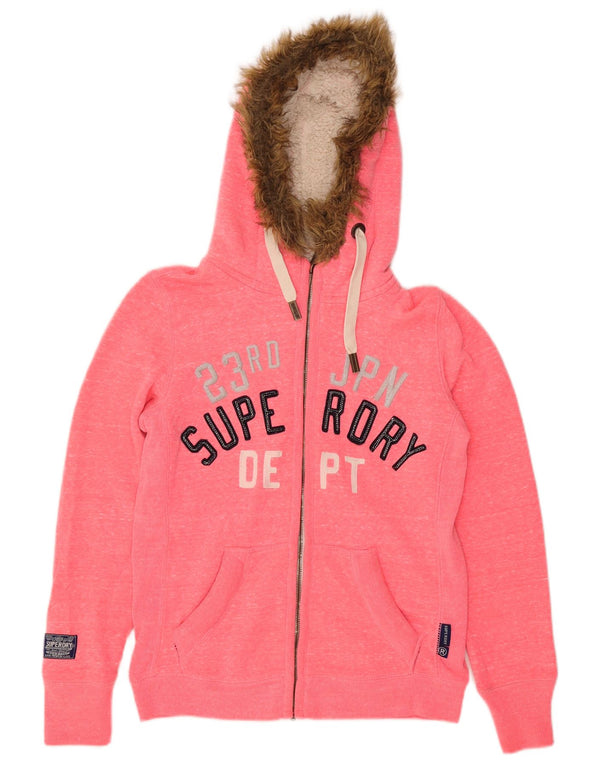 Suéter feminino Superdry com capuz e zíper gráfico UK 14 médio rosa manchado
