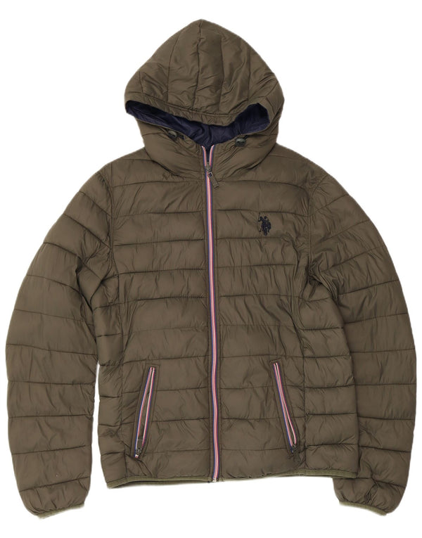 US Polo Assn. Jaqueta acolchoada reversível com capuz masculino UK 38 médio cáqui