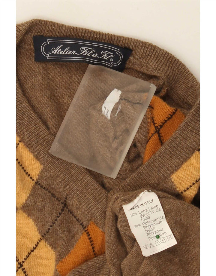 Suéter masculino vintage com decote em V XL marrom Argyle/lã diamante