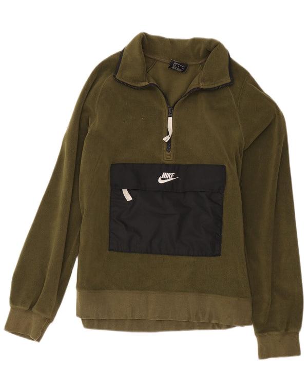Jumper de lã feminino Nike com zíper e gola UK 10 pequeno cáqui colorblock poliéster