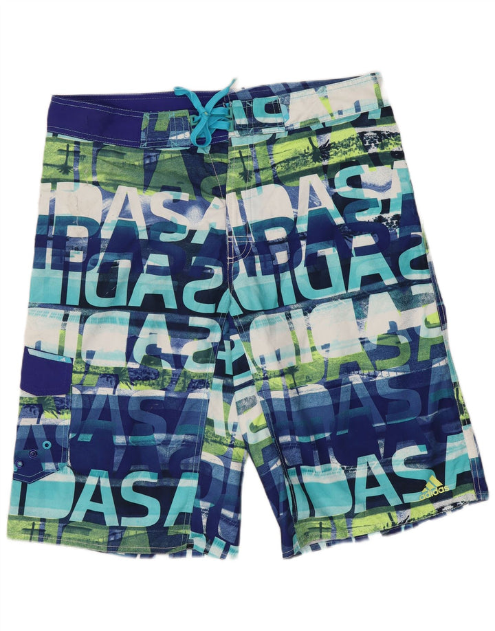 Shorts de natação masculinos Adidas com padrão abstrato gráfico grande azul poliéster