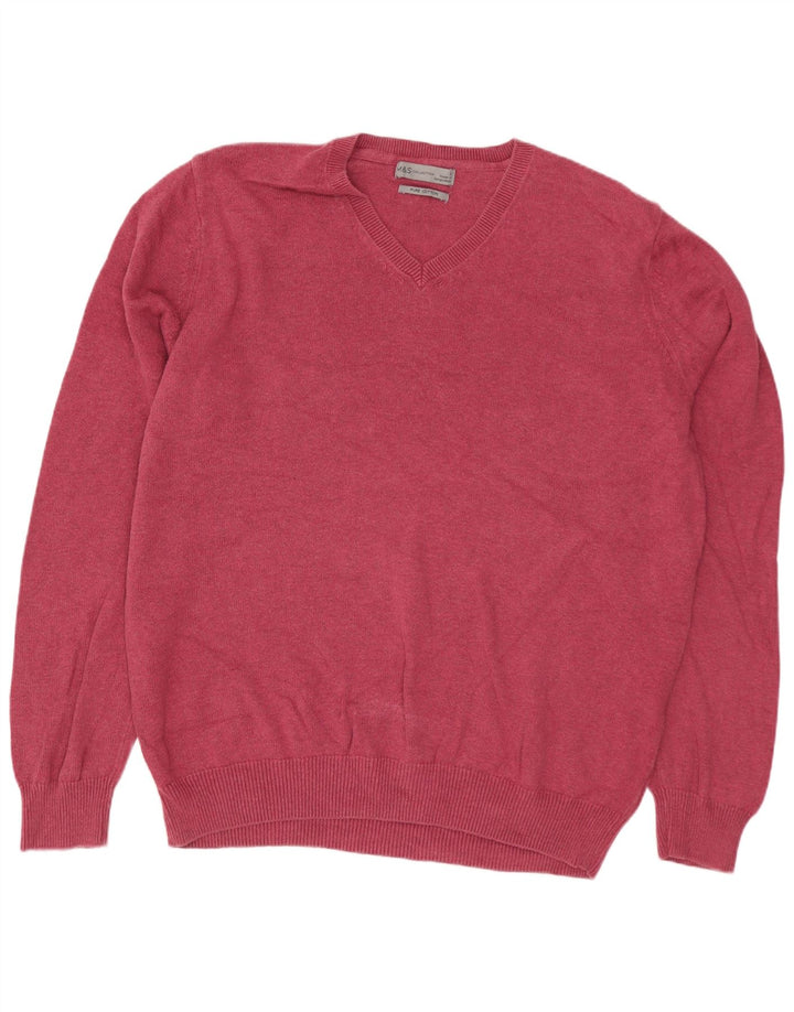 MARKS & SPENCER Suéter masculino com decote em V grande algodão rosa