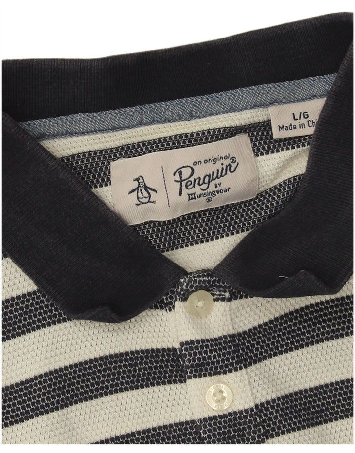 Camisa polo masculina Penguin grande algodão listrado azul marinho